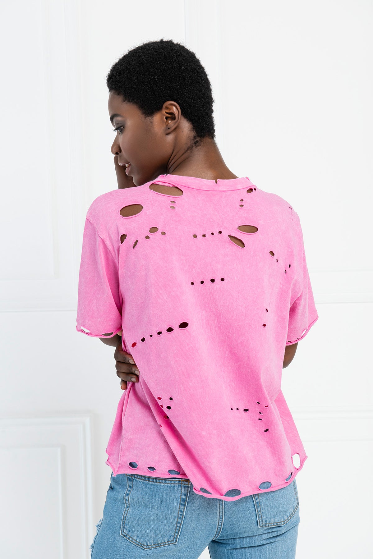 Distressed Pastel Acid Wash Boyfriend T-Shirt - Pink