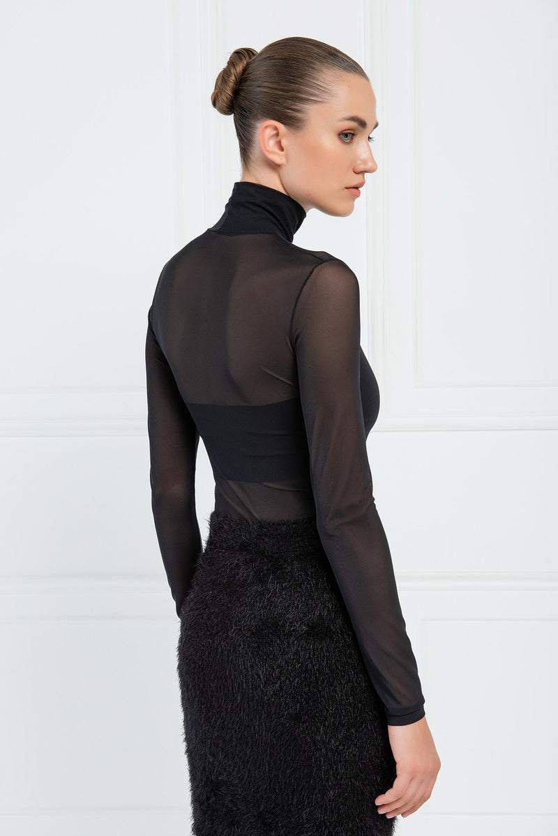 Nadia Sheer Mesh Basic Long Sleeve Mock Neck - Black