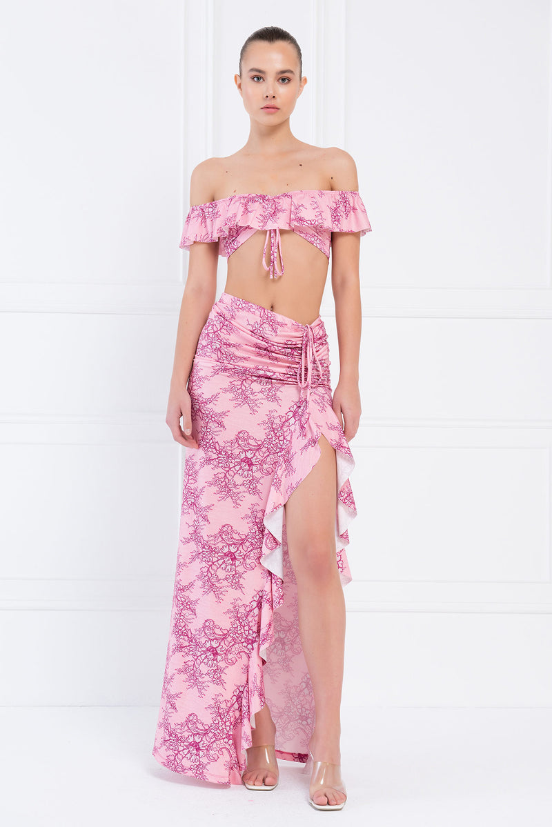 Lola 2pc. Lace Print Crop Top and Ruche Thigh Slit Maxi Skirt - Pink