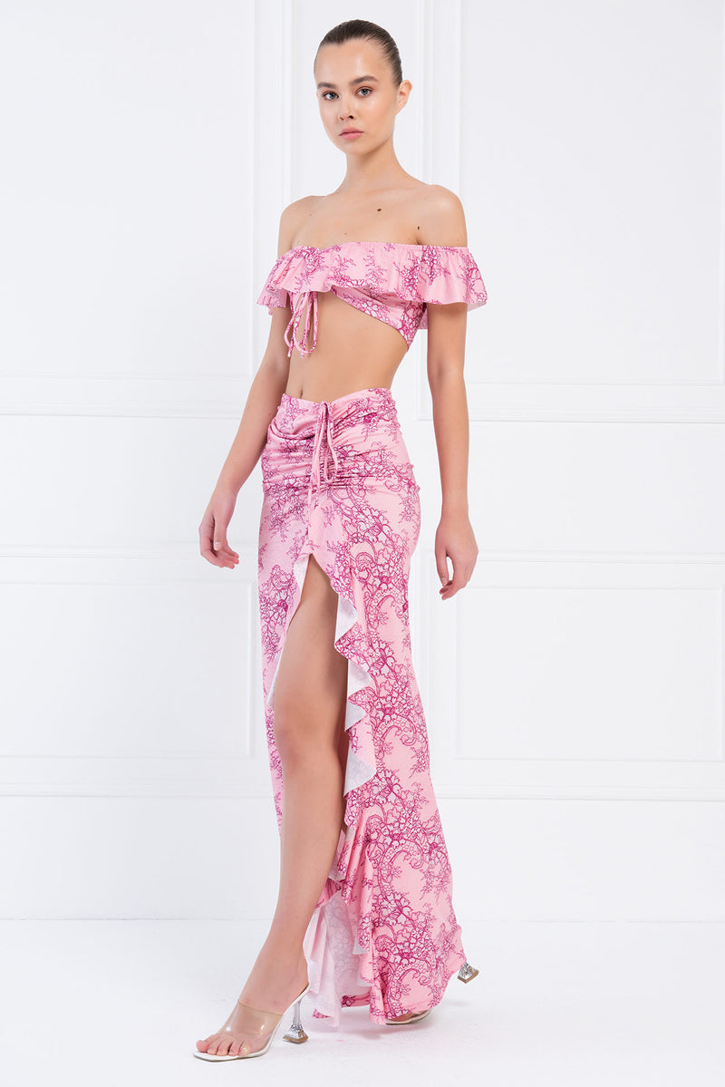 Lola 2pc. Lace Print Crop Top and Ruche Thigh Slit Maxi Skirt - Pink