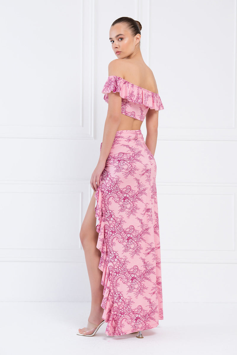 Lola 2pc. Lace Print Crop Top and Ruche Thigh Slit Maxi Skirt - Pink