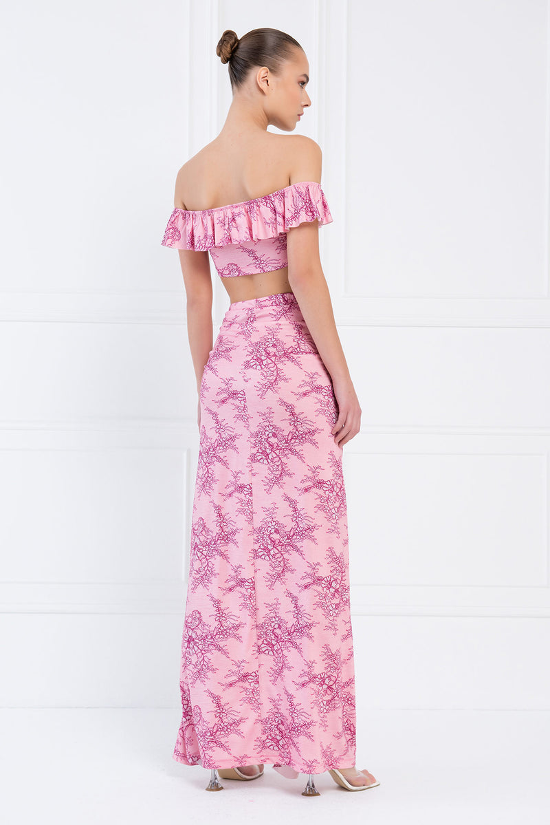 Lola 2pc. Lace Print Crop Top and Ruche Thigh Slit Maxi Skirt - Pink