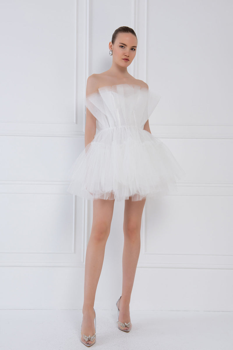 Zoey Layered Pink Tulle Loofa Mini Dress - White