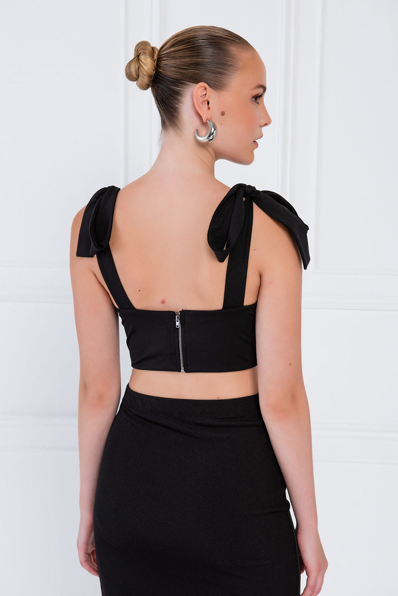 Candice Bow Shoulder Bustier Crop Top - Black