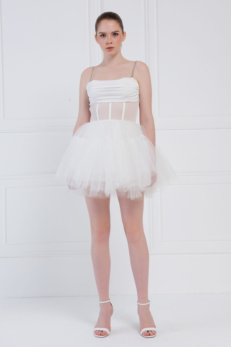 Cora Boned Fishnet Bustier Tulle Mini Dress - White