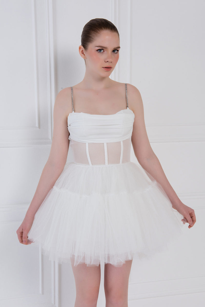 Cora Boned Fishnet Bustier Tulle Mini Dress - White