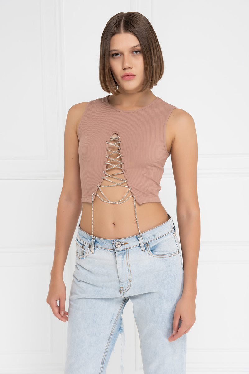 Miley Rhinestone Lace Up Ribbed Crop Tank Top - Sand