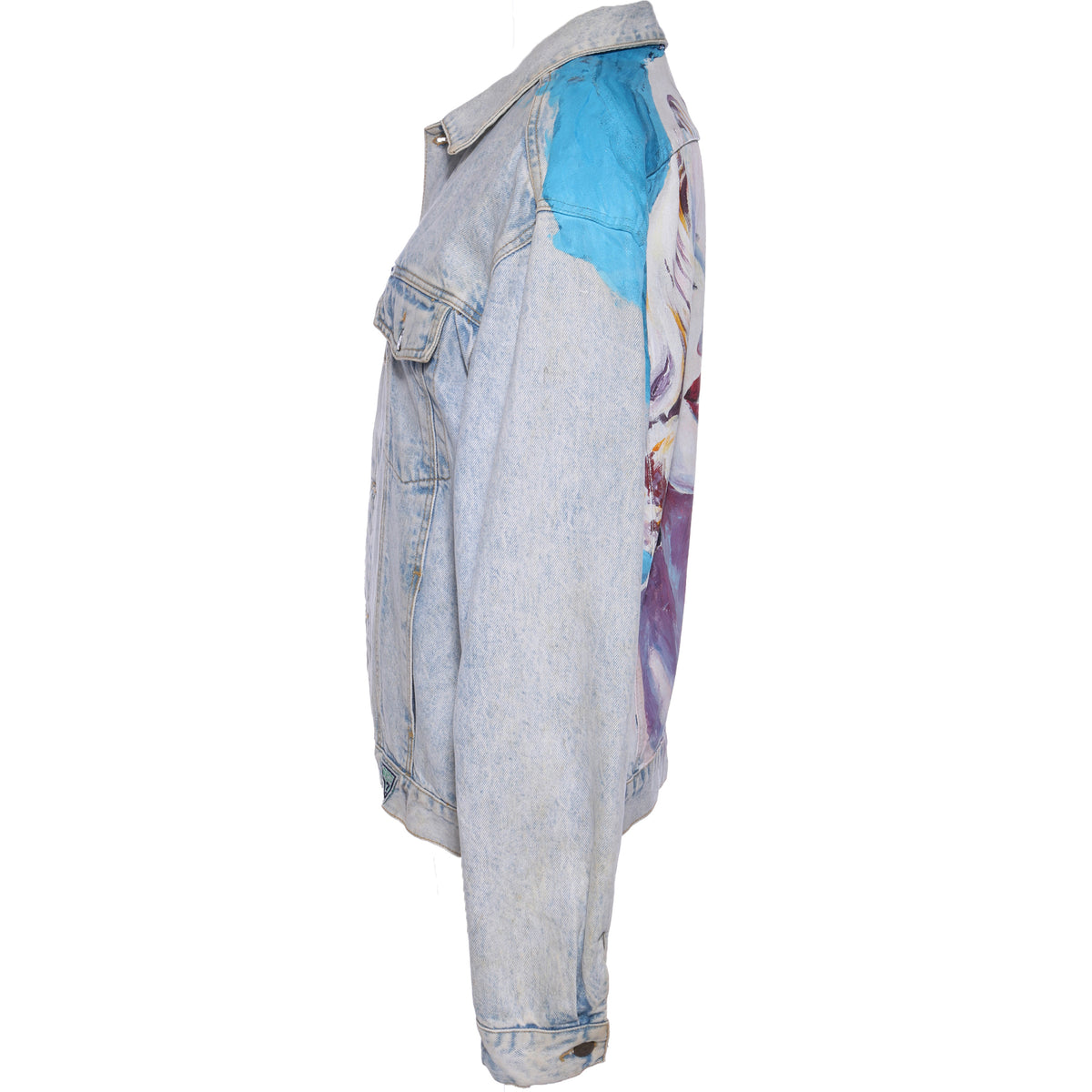 Vtg 90s GUESS Handpainted MARILYN MONROE Oversized Light Wash Denim Long Jean Jacket L xL M