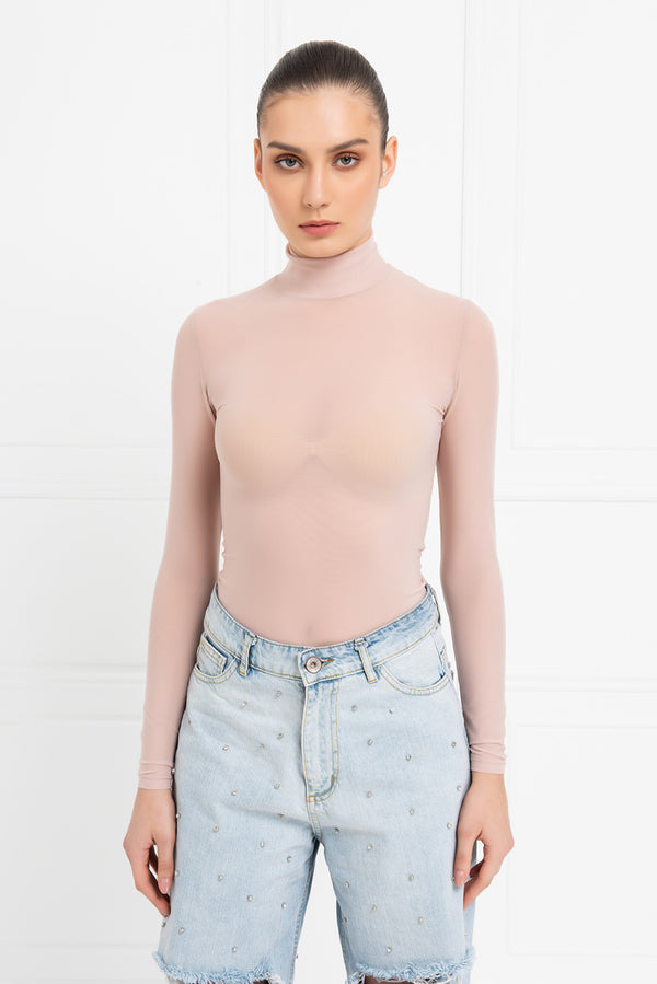 Nadia Sheer Mesh Basic Long Sleeve Mock Neck - Nude