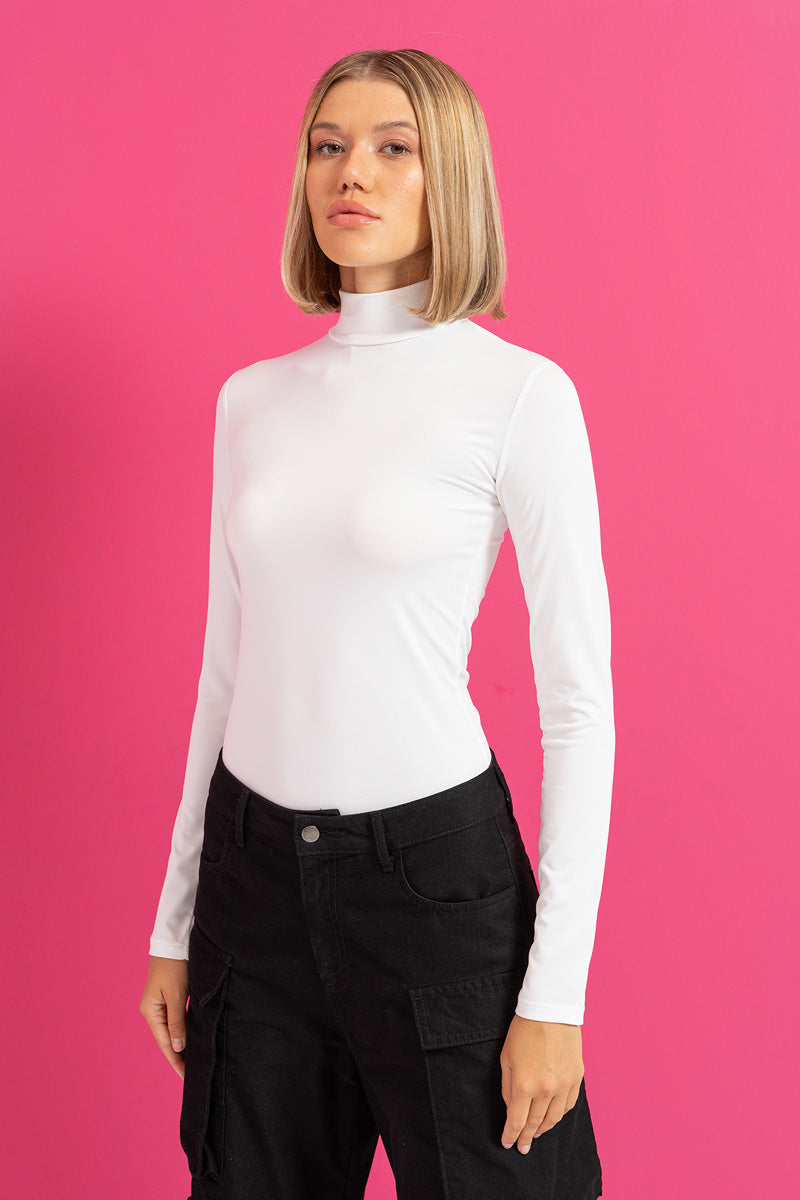 Elsa Classic Mock Neck Shell Basic Fitted Stretch Top - White