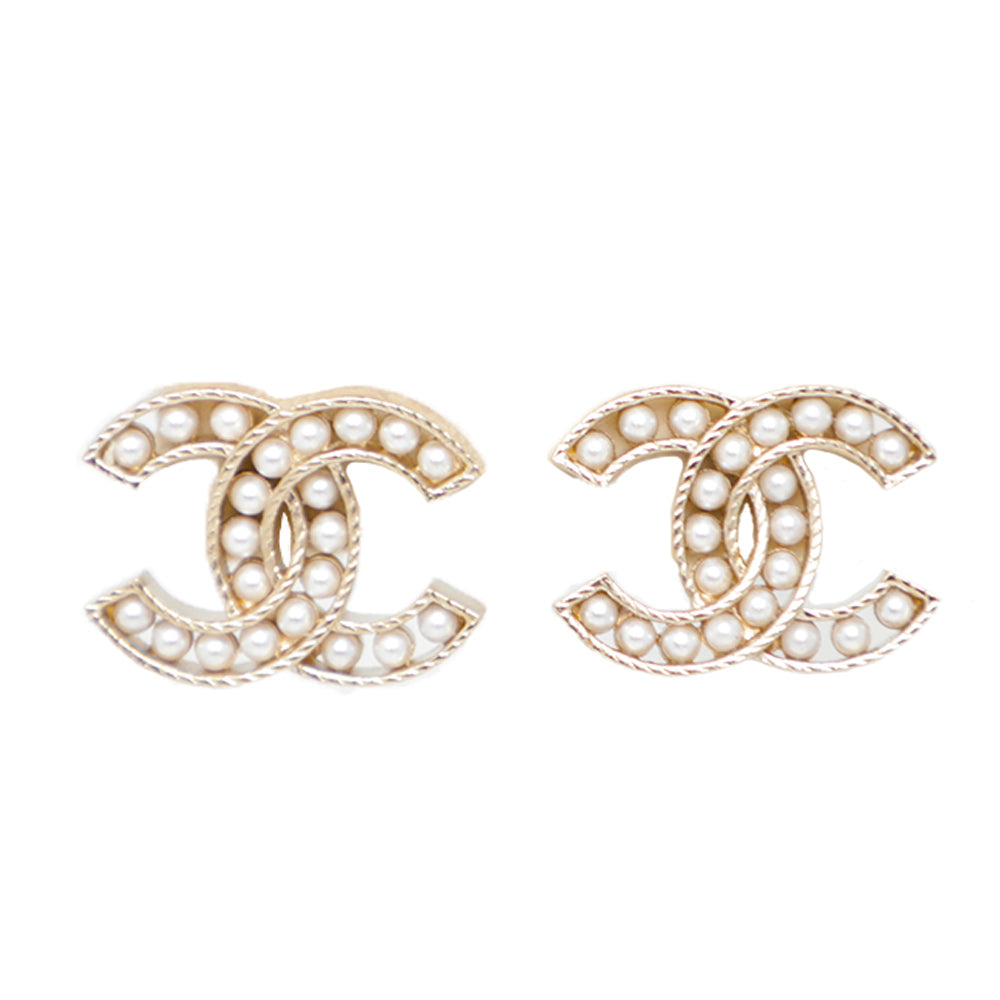 CHANEL - P21 C CC Logo Faux Pearl Drop Strass Crystal Gold Silver Earrings