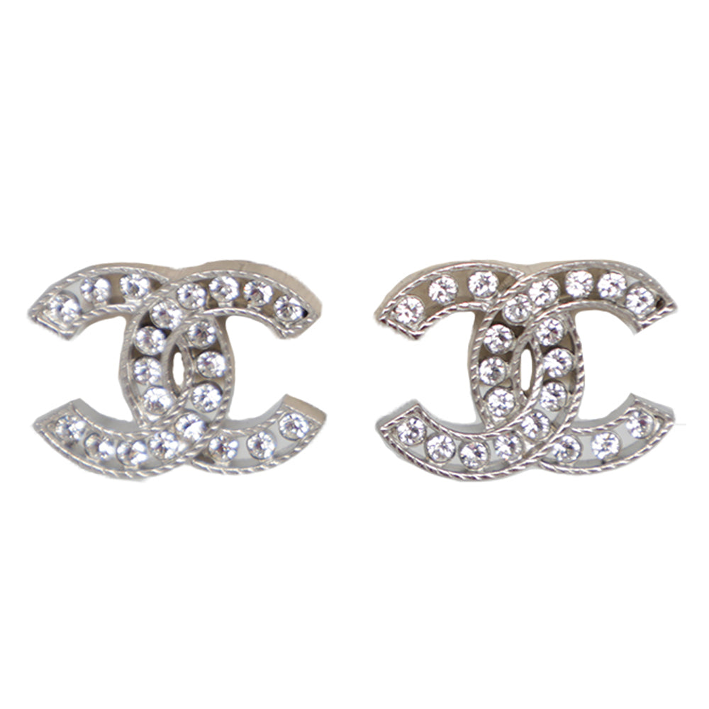 Vintage Chanel stud earrings CC logo rhinestone silver color