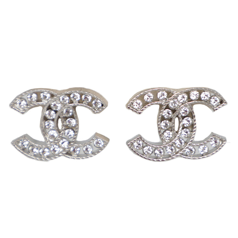 Chanel Silver CC all Over Crystal Piercing Earrings For Sale at