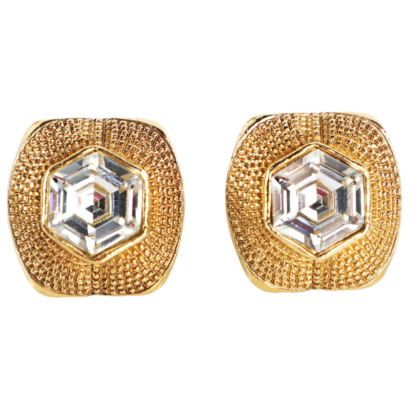 Vtg 90s CHANEL Hexagon Rhinestone Gold Frame Clip On Earrings