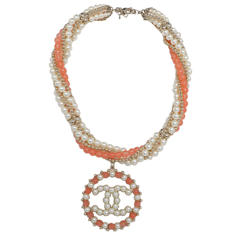 Chanel Costume Pearl and Coral Beaded Pendant Collar Necklace