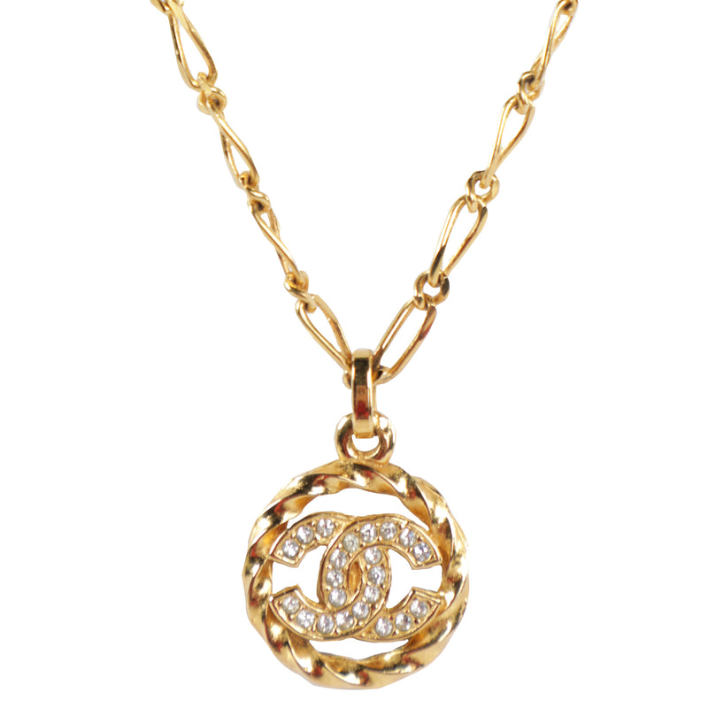 CHANEL NECKLACE Gold Plated Chain CC Logo Round Pendant GP Vintage Authentic