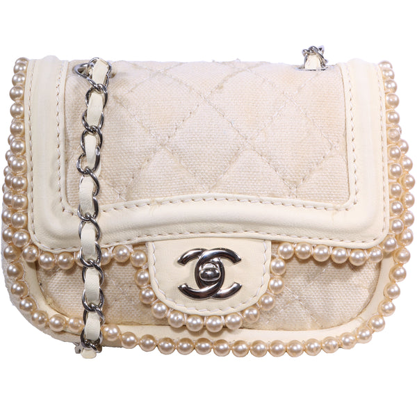 Vintage Chanel Pearl Classic Quilted Single Flap Canvas Crossbody Bag