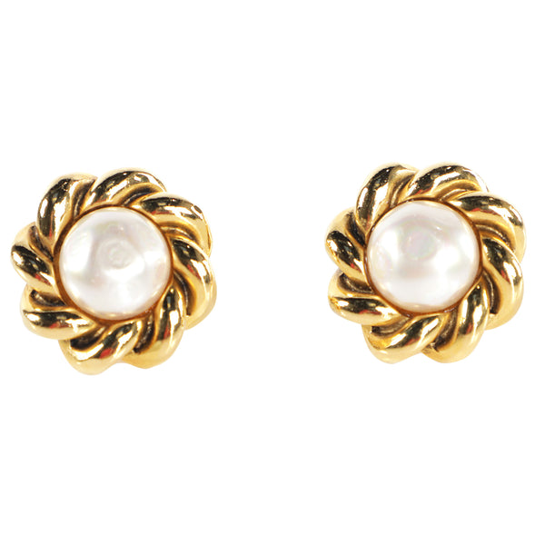 Vtg 90s CHANEL Pearl Rope Frame Clip On Earrings