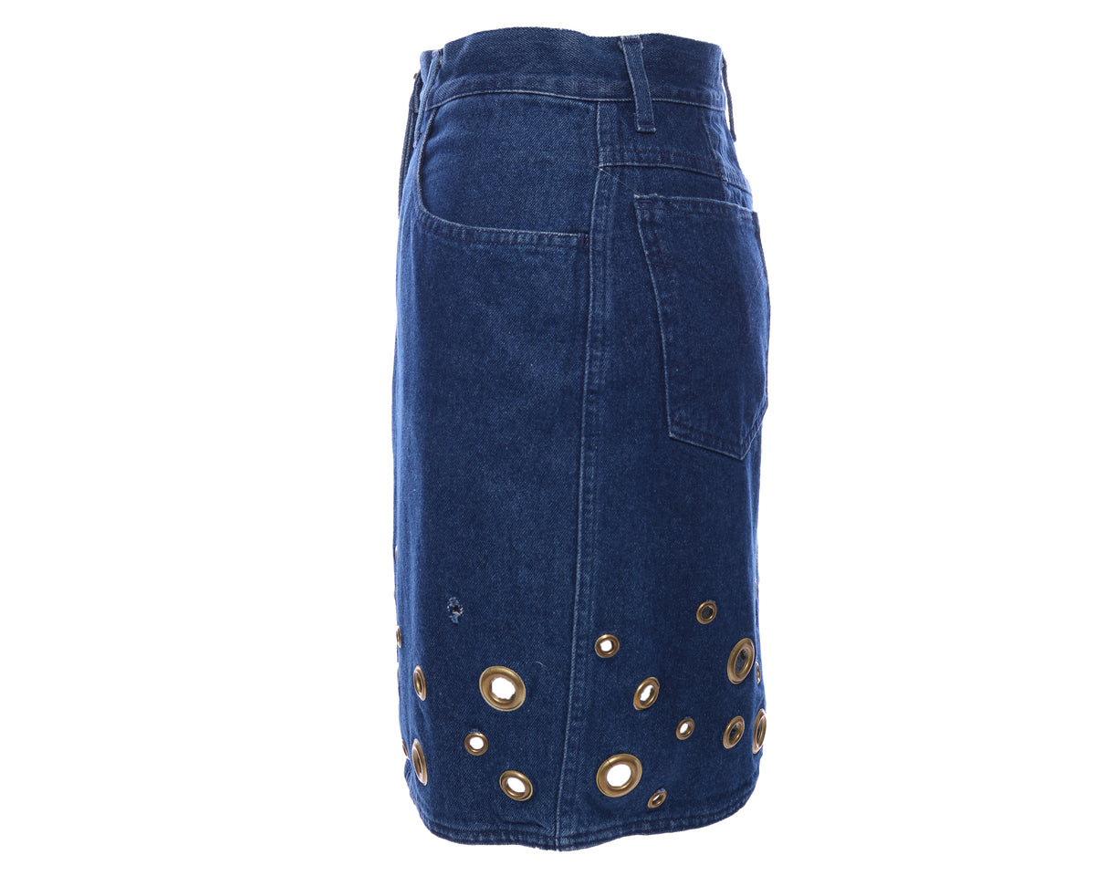 Vtg 90s MOSCHINO GROMMET Denim High Waisted High Rise Jean Mini Pencil Skirt S