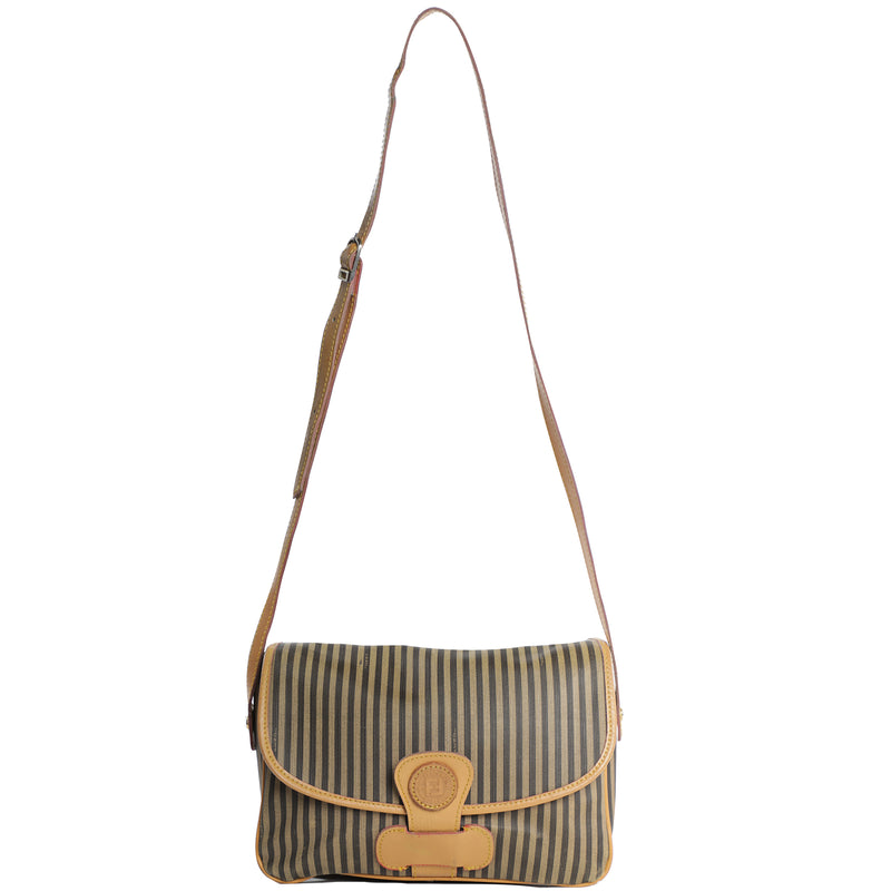 Vintage 80s Fendi Pequin Stripe Leather Logo Crossbody Messenger Bag