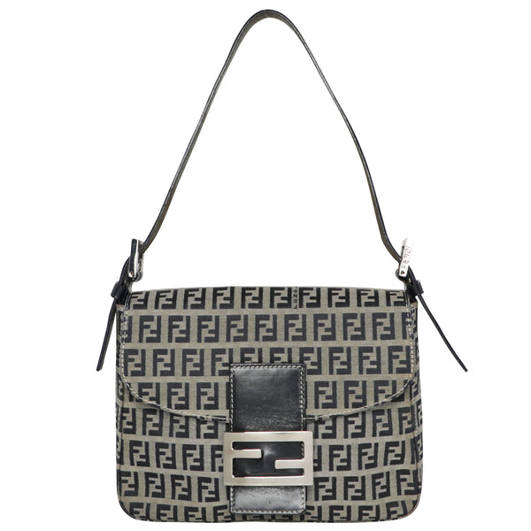 Vintage Y2K Fendi Zucca FF Logo Baguette Navy Leather Shoulder Bag