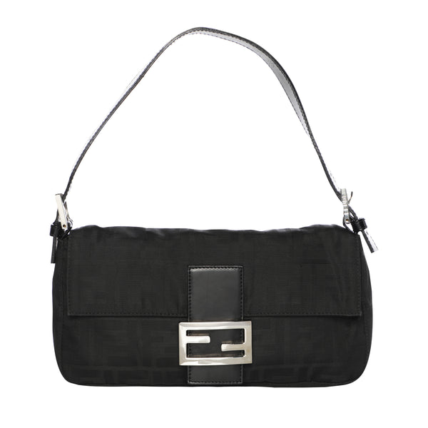 Fendi Monogram Logo Baguette Nylon Shoulder Bag - Black