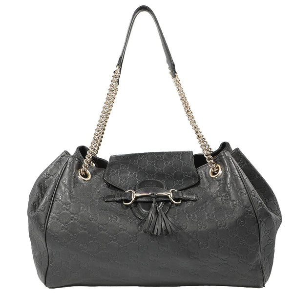 Gucci Emily Monogram GG Web Logo Leather Chain Shoulder Tote Oversized Hobo Bag