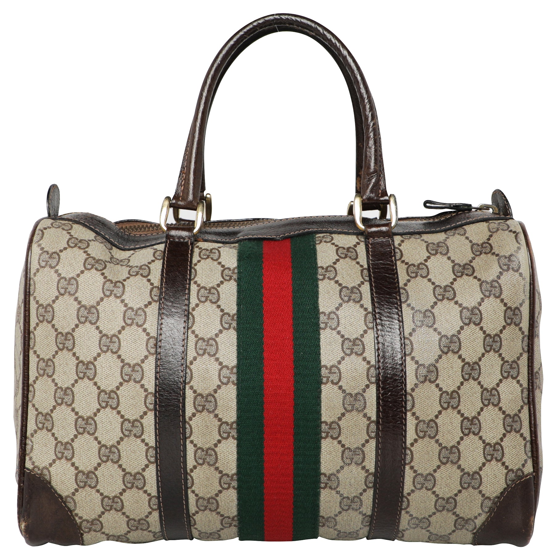 Vintage 70s Gucci GG Web Monogram Leather Speedy Boston Bag Mint