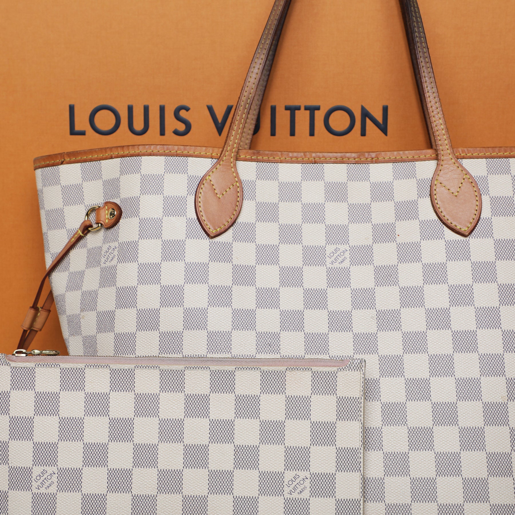 Louis Vuitton Neverfull MM Toile Damier Azur Beige Leather ref