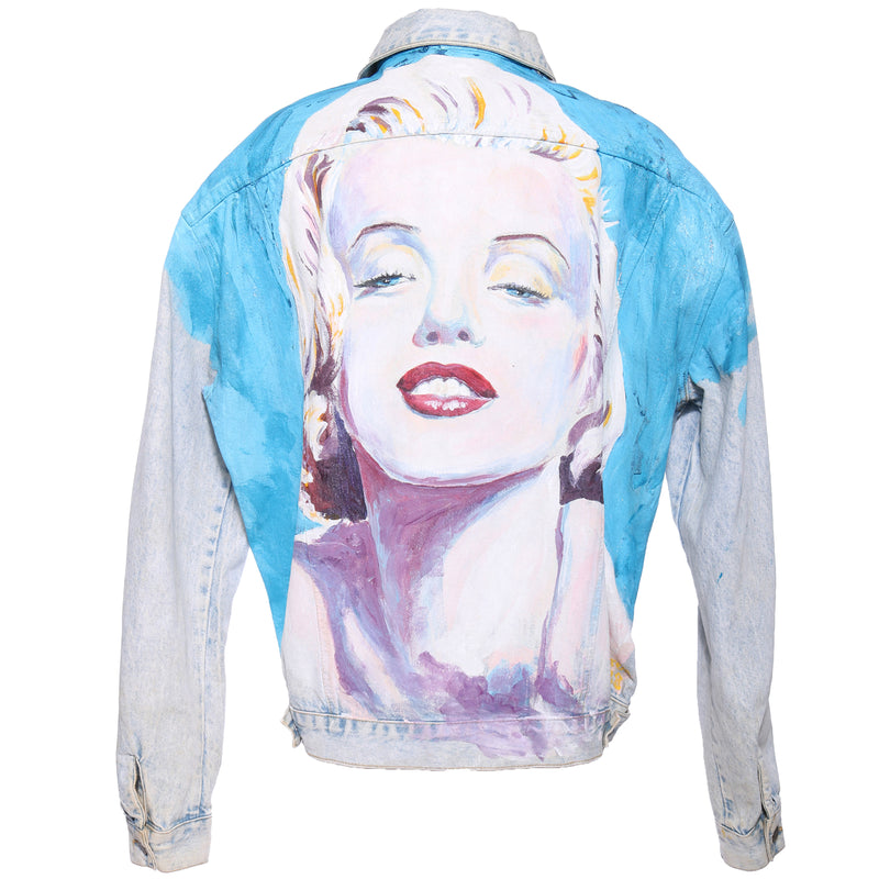 Vtg 90s GUESS Handpainted MARILYN MONROE Oversized Light Wash Denim Long Jean Jacket L xL M