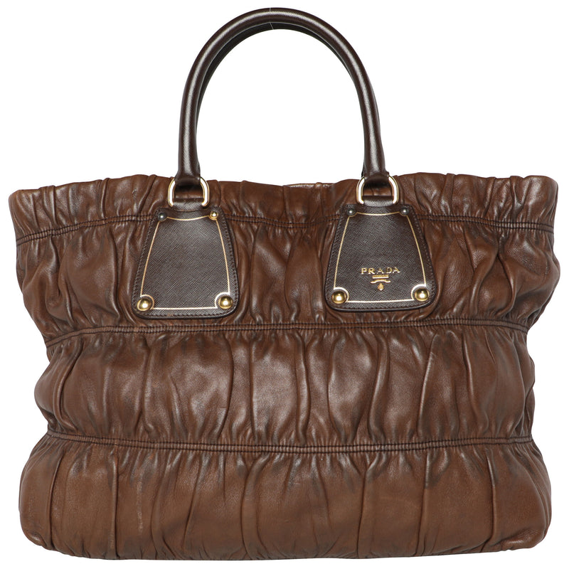 Y2K Prada Ruched Leather Top Handle Tote Oversize Bag - Chocolate
