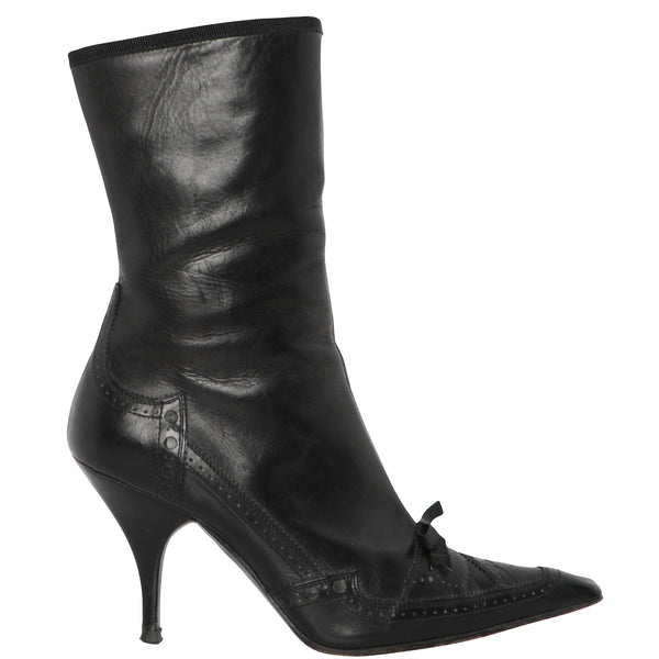 Y2K Prada Leather High Heel Bow Spectator Point Toe Boots 36