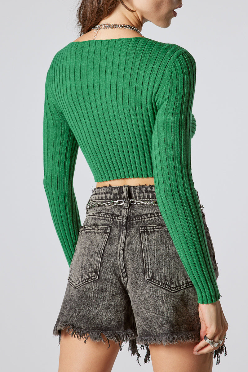 Maeva Twist Ribbed Knit Cut Out Long Sleeve Sweater Crop Top - Kelly Green