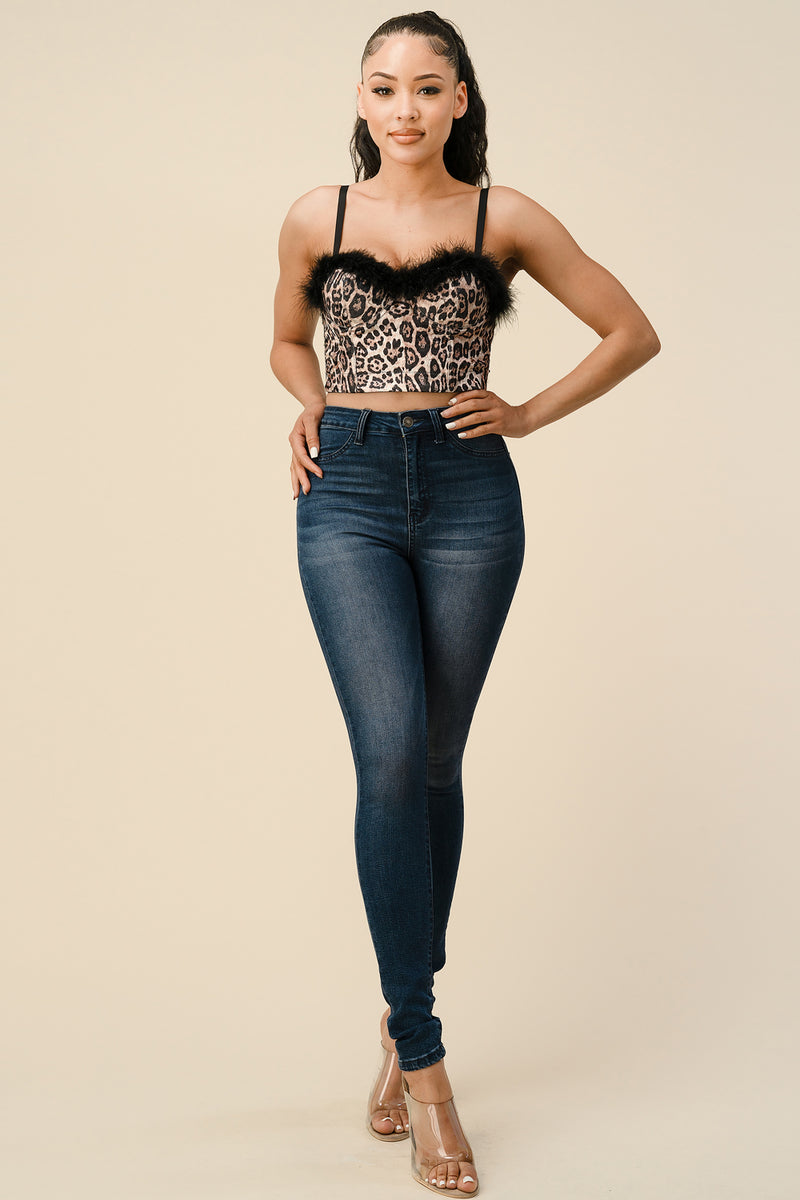 Leopard Velvet Feather Bustier Crop Top