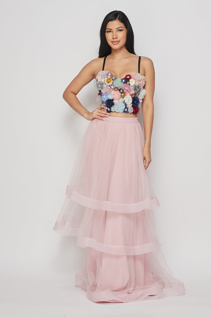 Fairytale Tulle 3-d Rosette Bustier Crop Bralette Top - BLACK