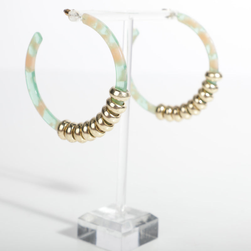 Telephone Cord Tortoise Lucite Resin Open Hoops -Mint/Peach