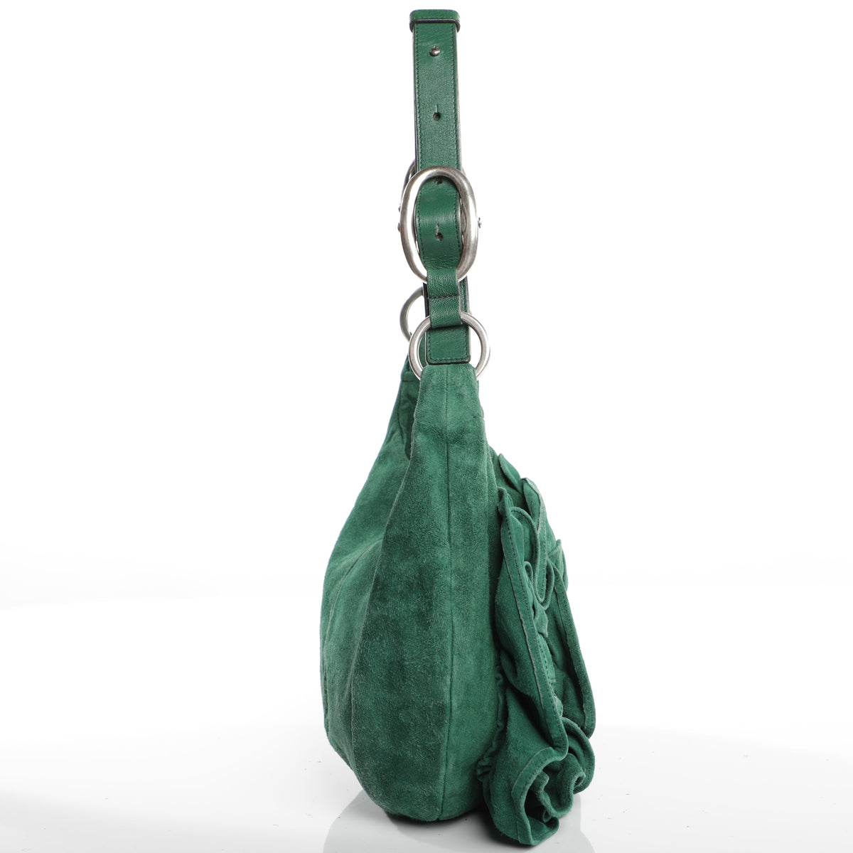 Vintage 2000s Yves Saint Laurent Emerald Suede Nadja Rose Ruffle Tote Shoulder Bag