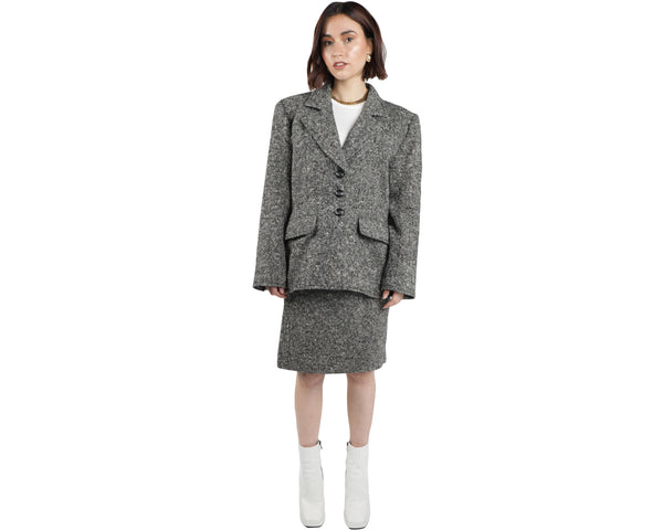 Vtg YVES SAINT LAURENT Wool Power Blazer Skirt Set Size 42
