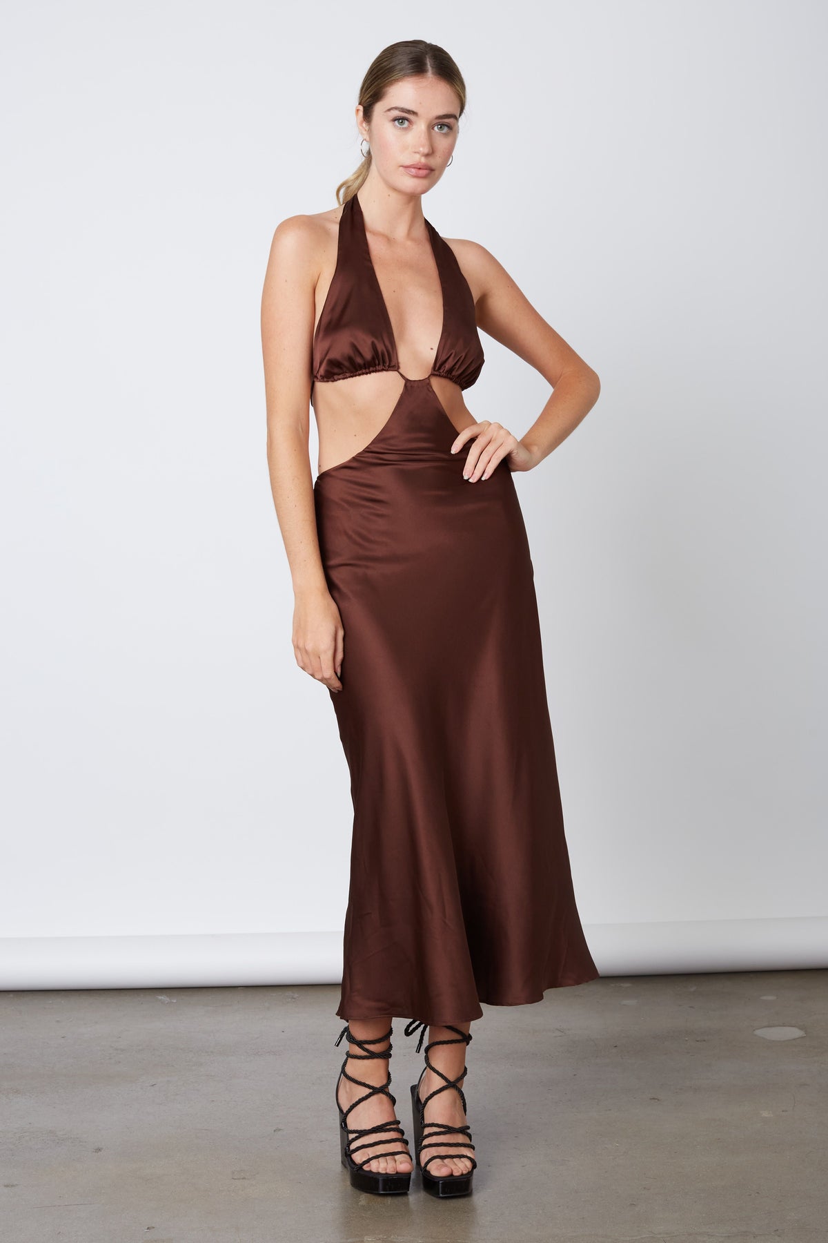 Lia Bikini Halter Cut out Satin Slip Midi Dress - Chocolate