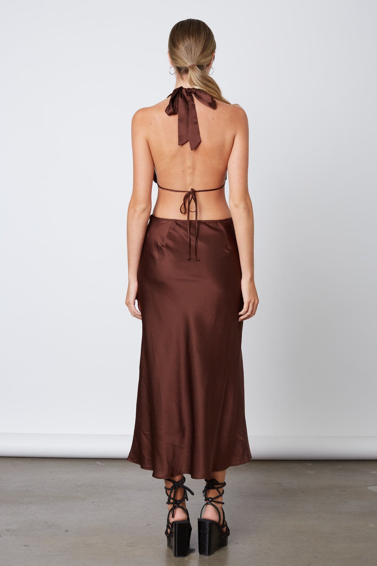 Lia Bikini Halter Cut out Satin Slip Midi Dress - Chocolate