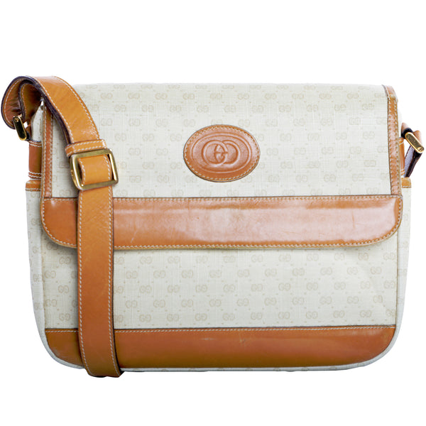 Vintage 80s Gucci Monogram Messenger Crossbody Cream Leather Bag