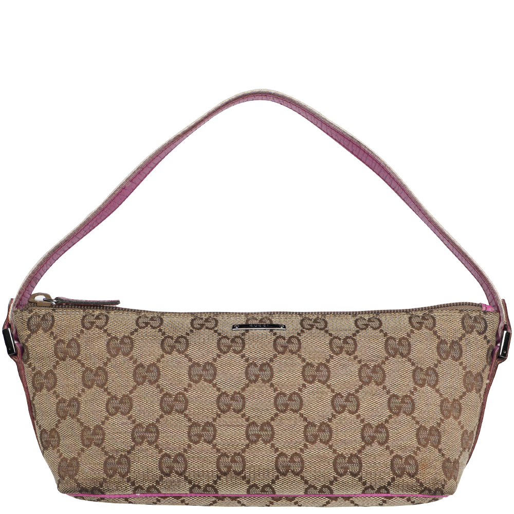 Vintage Y2K Gucci GG Web Monogram Canvas Leather Shoulder Bag - Pink