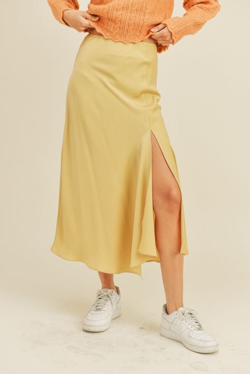 Isla Satin Side Slit Bias Cut Midi Skirt - Key Lime