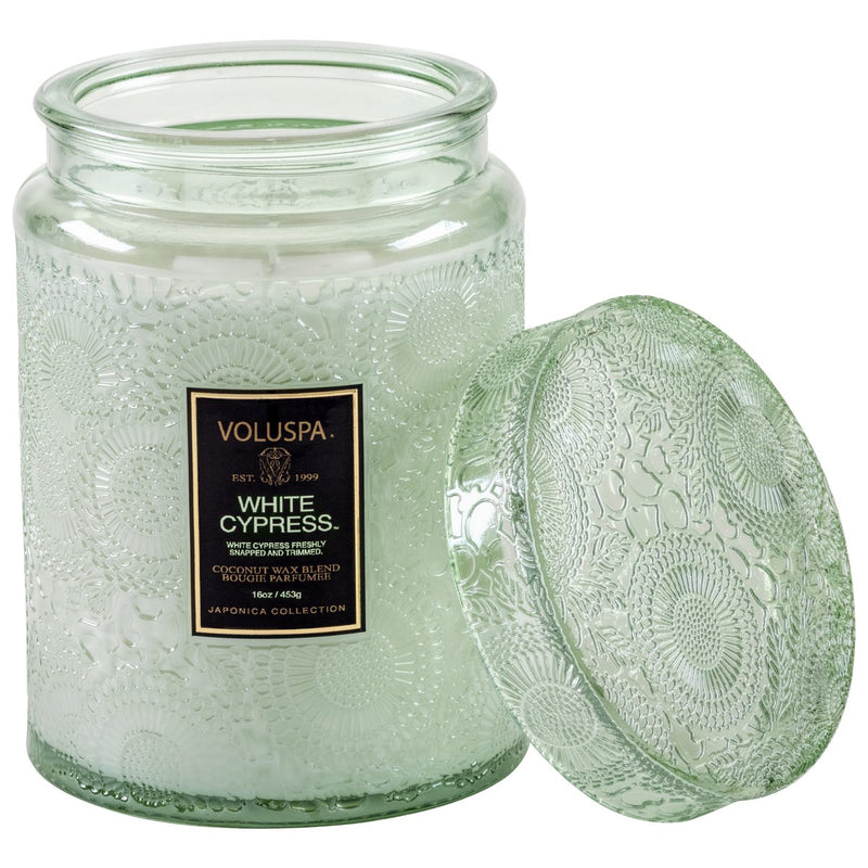 VOLUSPA WHITE CYPRESS LARGE GLASS JAR CANDLE