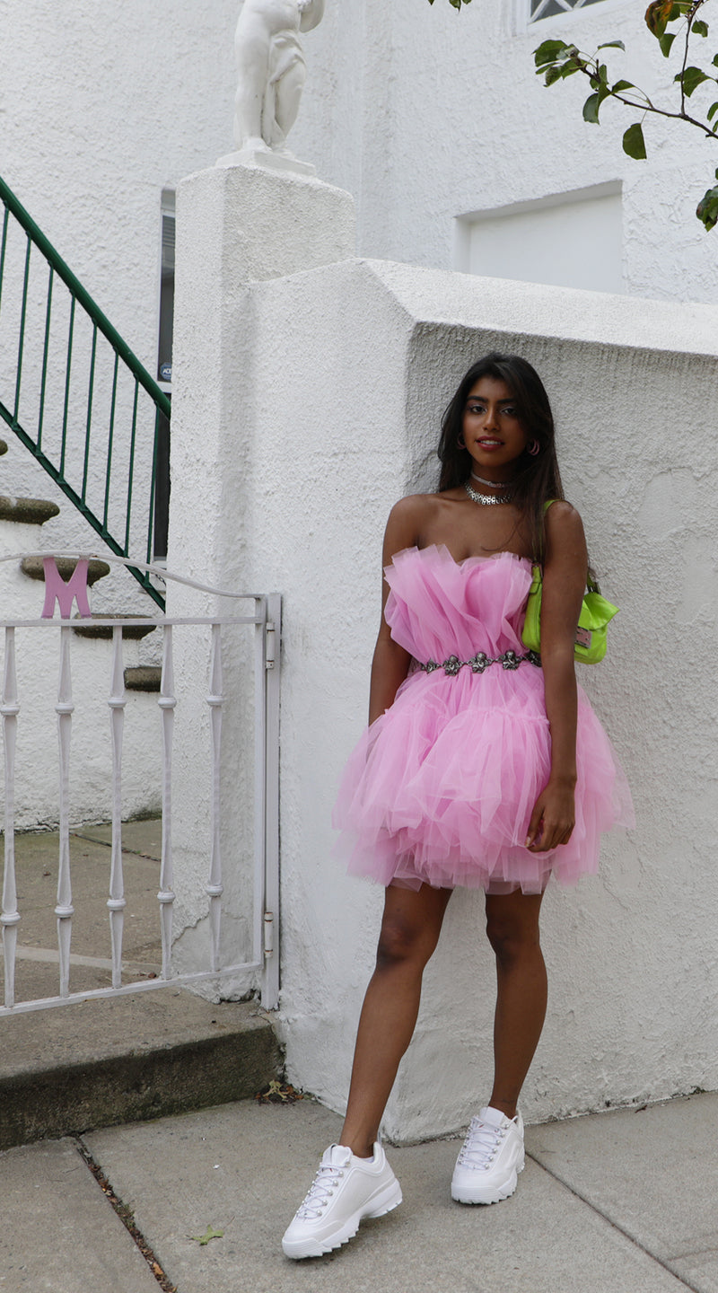 Zoey Layered Pink Tulle Loofa Mini Dress - Pink